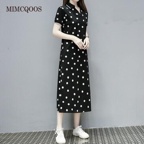 Women Polos T Shirt Dress Polka Dot Print 2021 Summer Fashion Short Sleeve Korean Casual Long Plus Size Dresses Woman 3XL 4XL