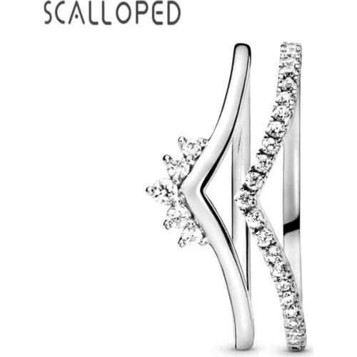 SCALLOPED Luxury Princess Tiara Crown Wishbone Rings Set Clear CZ Bridal Women Wedding Band Engagement Gifts Jewelry