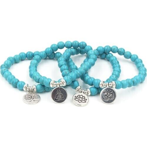 8mm yye2 elastic adjusted nature stone Frosted agate Onyx black volcanic lava turquoise Lotus life tree Buddha Bracelet