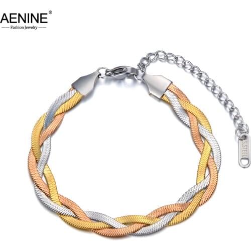 AENINE браслет Stainless Steel Bohemia Snake Chain Bracelets For Women Trendy Three-color Chains Cross Weave Bracelet AB20126