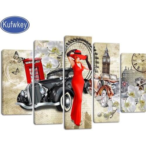 5 piece diamond painting sale Retro woman Car Full Square/round drill mosaic diamond Embroidery 3d Magnolia Vintage hat Lady