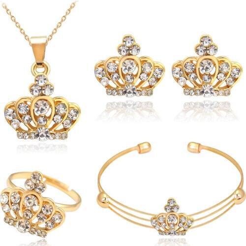 Volunge 2017 Jewelry Set Crystal Basic Rhinestone Alloy Crown Necklace Earrings Bracelet Ring Bridal Jewelry Wholesale