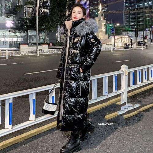 Glossy Winter Jacket Women Real Fur Coat Parkas Duck Down Coat Real Fox Fur Collar Warm Black 90% Lining Down Jacket Streetwear