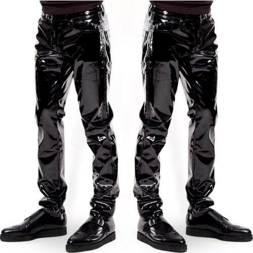 Plus Size Sexy High Shiny Faux Leather Punk Style Pants Specular Highlight Patent Leather Trousers Bar Club Dance Gay Mens Wear