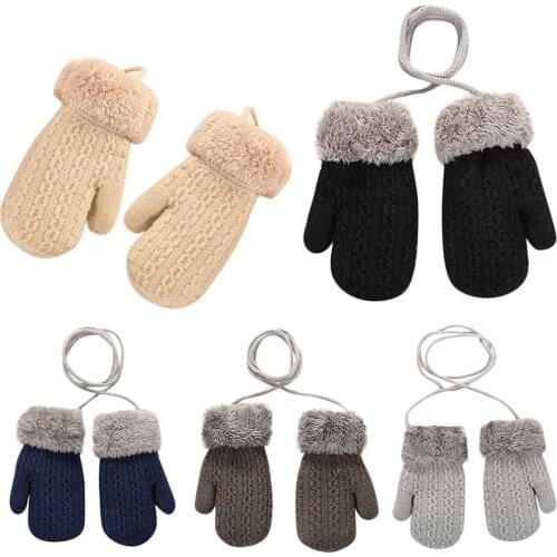 Kids Winter Double Layer Knitted Gloves Solid Color Thicken Plush Lined Woolen Full Finger Mittens with String 1-4 Years