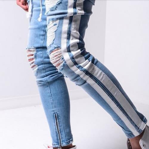 Men Skinny Ripped Jeans Hip Hop Spring Autumn Striped Streetwear Casual Pencil Pants Denim Clothes Male vaqueros hombre