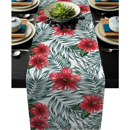 Red Hibiscus Flower Green Plant Leaves Red Table Runner Modern Placemat Coaster Home Wedding Party Dinning Table Decor