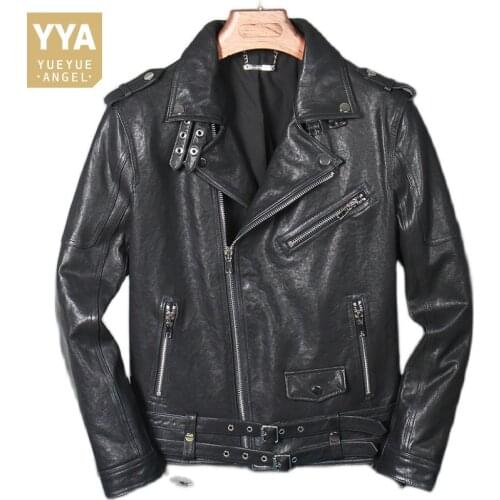 Streetwear Classic Motorcycle Jacket Men Zipper Long Sleeve Sheepskin Genuine Leather Short Coat Male Punk Moto Biker Jackets