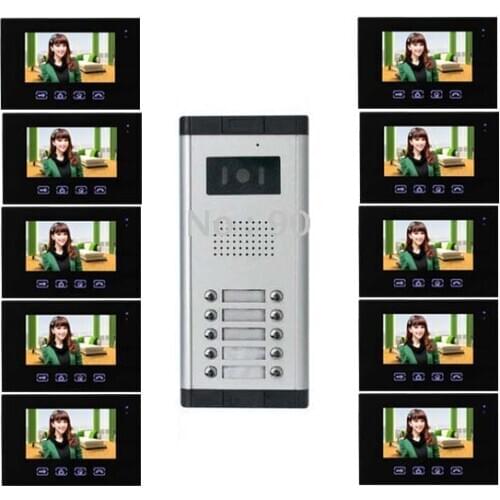 Top selling -7"color video door phone with touch key screen for 10-apartments , HD Waterproof camera,night vision 1 to 10
