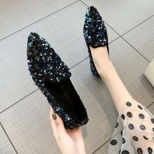 Girls Sparkle Loafers Women Sequin Slip-On Dress Shoes 2021 Designer Pointed Toe Party Moccasins Female Glitter Flat Shoes