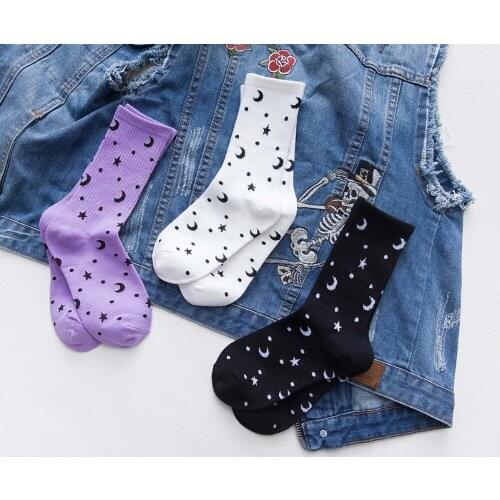Cotton Fashion Spring Long Women Socks Star Moon Winter Jacquard Letter Crew High Heap Socks Color Women Street Casual Korean