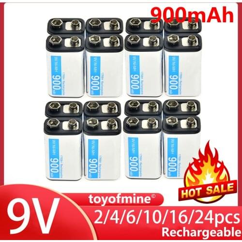 2-24pcs 9V 900mAh Rechargeable battery Cell Durable Battery PPS Black NiMh block Power