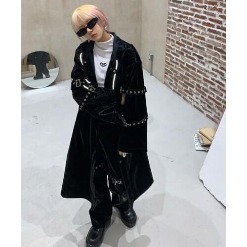 Ruibbit Japanese Gothic PU Leather Black Coat Punk Bandage Long Hooded Leather Windbreaker Oversize