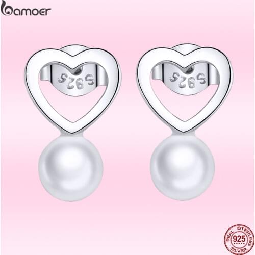 Bamoer GXE869 Real 925 Sterling Silver 3D Love Heart With Pearl Stud Earrings Women Hypoallergenic Ear Studs Elegant OL Style