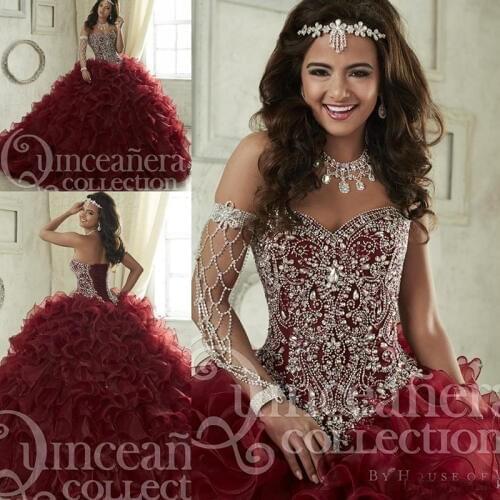 Maroon Quinceanera Dresses 2019 Sweep Train Tiered Cascading Ruffles Pageant Gown Luxury Crystal Corset Sweetheart 16 Masquerade