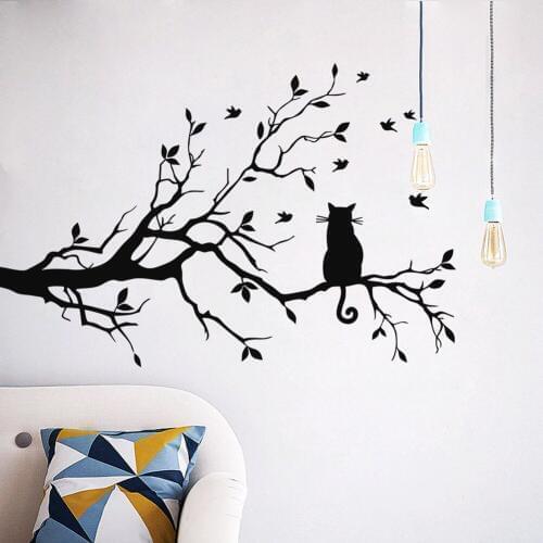 Cat On Tree Branch Birds Wall Sticker Tree Vinyl Wall Decal Adesivi Murali Glass Film Window Stickers Home Decoration Wall Art