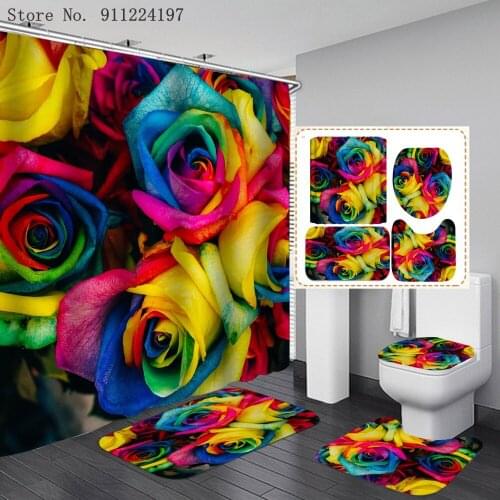3D Colorful Rose Waterproof Polyester Shower Curtain With Bath Rug Toilet Cover U-Shape Mat Blue Rose Red Rose Bathroom Curtains
