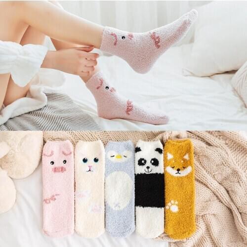Yishine 3 Pairs Fashion Lovely Cartoon Animal Coral Fleece Thick Socks for Womens Cute Warm Sleeping Floor Sleep Socks