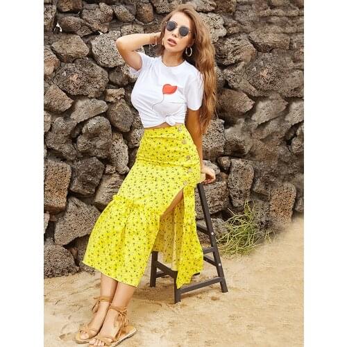 Summer Print Skirt Women High Waist Split Elegant Vintage Midi Skirts Ladies Harajuku Floral Beach Holiday Party Sun Maxi Skirt