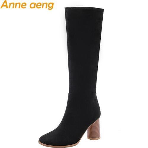 2019 New Winter Women Mid-Calf Boots High Heel Round Toe Zipper Solid Sexy Ladies Women Shoes Black Warm Boots Big Size 32-48