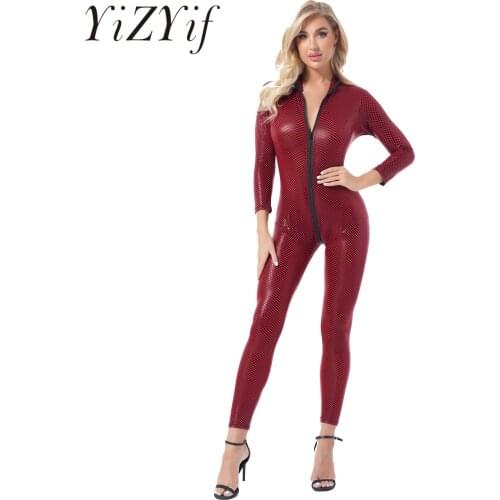 Womens Patent Leather Catsuit Costume Skinny Jumpsuit Female Tights Rompers High Neck Long Sleeve Long Sleeve Bodysuit Playsuit