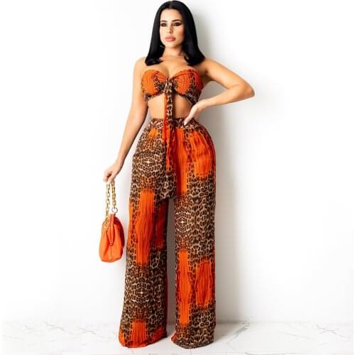 Echoine Summer Leopard Print Lace Up Bra Crop Top Patchwork Wide Leg Pants Set 2 Piece Set Beach Holidays Elegant Outfits Femme