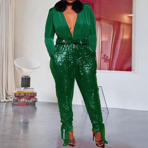 Deep V Neck Sexy Sequins Jumpsuit Women Office Ladies Spring 2020 Party Jumpsuits Patchwork Pencil Pants Rompers Plus Size 5XL