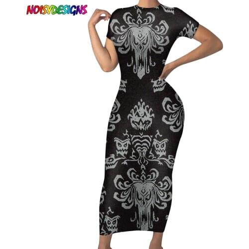 NOISYDESIGNS Womens Fashion Short Sleeve Pencil Dress Cool Haunted Mansion Pattern Bodycon For Teen Girls Elegant Party Robe