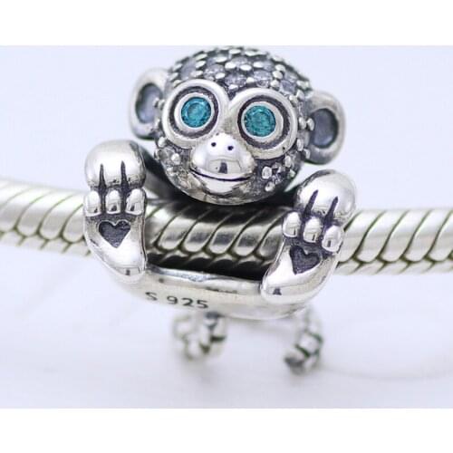 Real 925 Sterling Silver Animal Crystal Beads Long Tail Monkey Charms Fit Original pan Bracelet Charm For Women DIY Jewelry