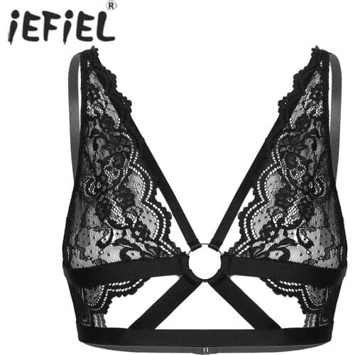 IEFiEL Women Sissy See-through Floral Lace Sexy Bra Tops O-ring Hollow Out Female Lingerie Brassiere Nightwear for Party Club