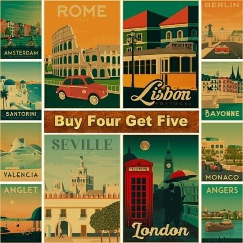 Famous World Travel London Poster Paris Landscape Painting Wall Art Vintage Posters and Prints Picture for Bar Living Room Decor