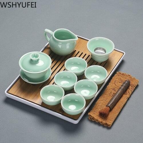 Chinese Celadon exquisite ceramic Tea set kettles tea cup Plastic tray porcelain tea set Travel tea set best gifts