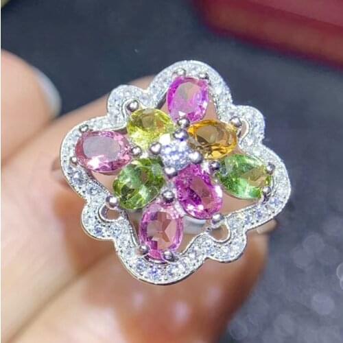 Natural real tourmaline flower ring Free shipping 925 sterling silver 0.25ct*8pcs gemstone Fine jewelry #S1941905
