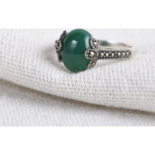 FNJ Natural Green Agate Rings 925 Silver 100% Real Original S925 Solid Prue Silver Ring for Women Jewelry MARCASITE