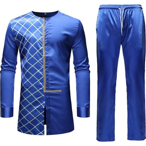 Blue African Dashiki Print Top Pant Set 2 Pieces Outfit Traditional Mens African Clothes Casual African Suit Shirt With Trouser