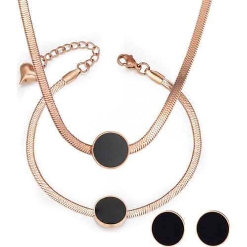 316L Stainless Steel Rose Gold Black Round Cake Snake Bone Chain Necklace Bracelet Earring Set No Fade