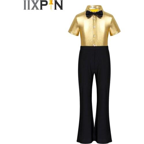 Boys Rock Jazz Dance Costume Metallic Short Sleeves Spread Collar Button Closure Jumpsuit Bodysuit Halloween Cosplay Costume