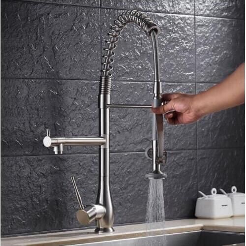 Kitchen Faucet nickel brushed Brass Pull down Spring Kitchen Sink Faucet Swivel Spout Tall Vessel Mixer Tap Torneira Cozinha