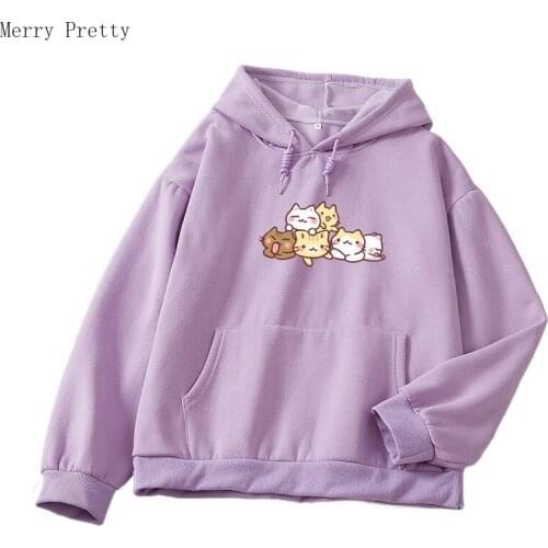 Harakuju Cat Print Kawaii Women Hoodies 2021 Spring Long Sleeve Cotton Hooded Sweatshirts Korean Fashion Cute Drawstring Tops