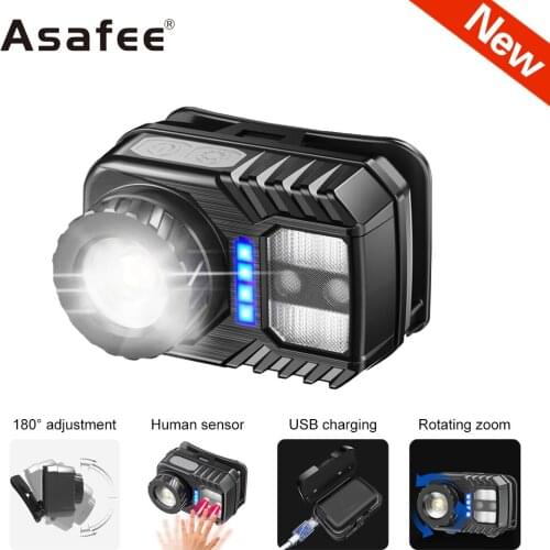 Asafee Powerful LED Rechargeable Headlamp Body Motion Sensor Head Lamp Flashlight 18650 Camping Torch Light Lamp With USB