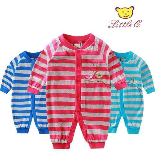 2019 New Little Q Long Sleeve Striped o neck boys and girls One Piece Rompers for Spring and Autumn Button Down Baby Clothes