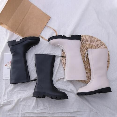 New Children Winter Shoes High Top Girls Boots Front Zipper Leather Princess Shoes Solid Color Kids Botas Knee-length Warm Boots