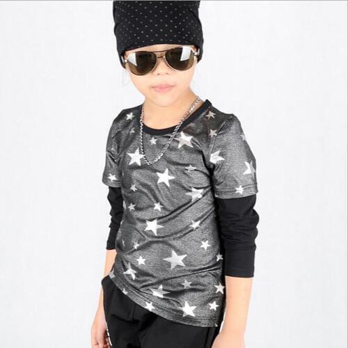2017 Spring Autumn Unisex Full Cotton Print New Fashion Boy Top O-neck Tee Long-sleeve False Two Star Harem Hip Hop T-shirt