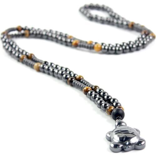 New Design Tiger Eye Stone Magnetic Hematite Tortoise Pendant Necklace Mens Fashion Long Necklace Beaded Handmade Jewelry