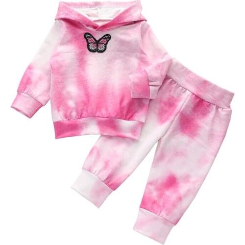 Autumn Kids Tie-dye Hooded Sweatshirt Trousers Two Piece Set Embroidery Butterfly Hoodies+Long Pants Toddler Girls Tracksuit