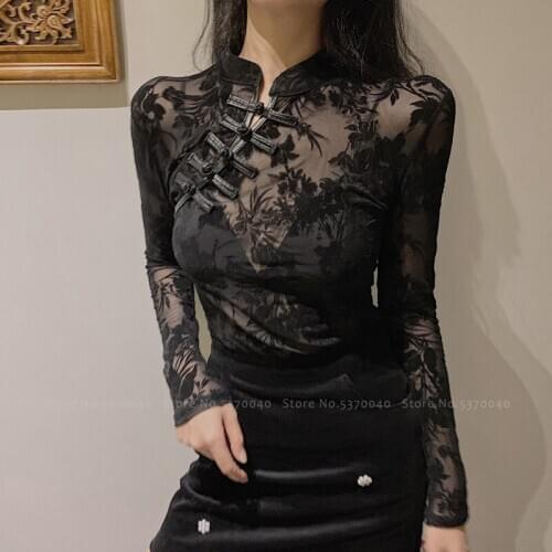 Traditional Chinese Cheongsam Dress Women Sexy Retro Buckle Lace Qipao Girls Gothic Slim Tight Mesh Tops Modern Fashion Shirts