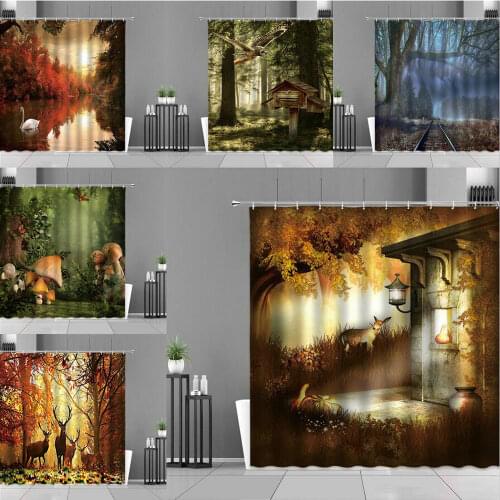 Fantasy Beautiful Romantic Background Animal House Elk Mushroom Shower Curtain Bathroom Screen Childrens Room Curtains Hook
