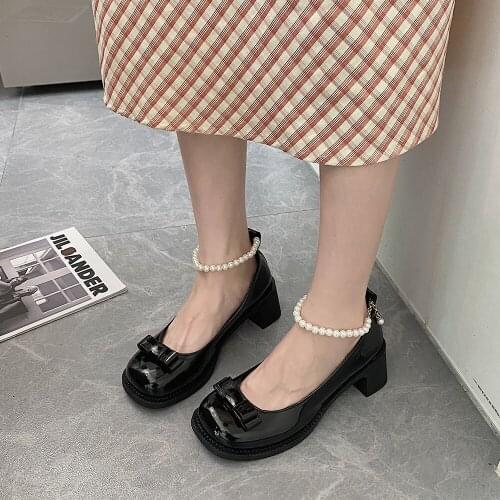 Retro Round Head Shallow Mouth Mary Jane High Heels Spring And Summer New British Style Ladies Small Leather Shoes