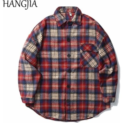 Retro Streetwear Lattice Shirts Fashion Woollen Plaid Shirt Jacket Oversized Men Jackets Outwear Autumn Winter Urban-clothing