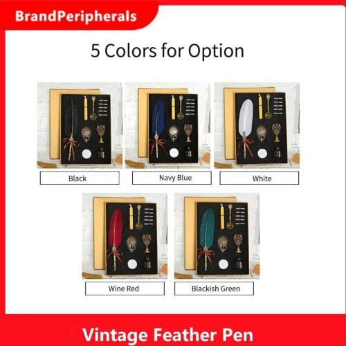 Vintage Feather Pen and Ink Set Glittering Quill Pen Fountain Pen Calligraphy Dip Pen Writing Signature Pen W/ Replacement Nibs